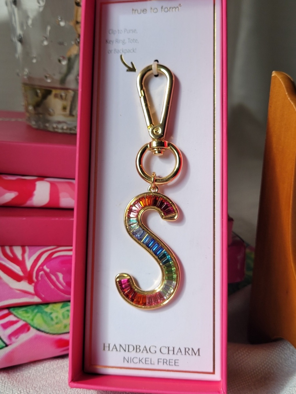 True to Form Gold Initial 'S' Handbag Charm with Multicolor Stones